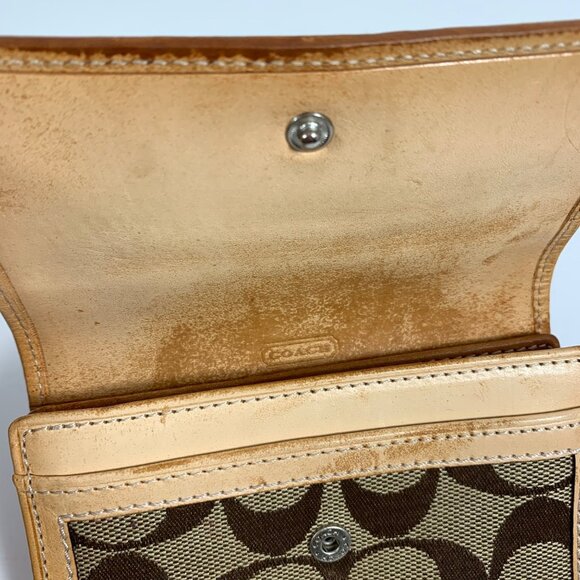 COACH Signature Logo Jacquard Bifold Wallet Tan Leather Trim + Zipper Pouch - Picture 6 of 10